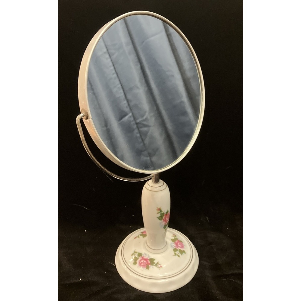 Vintage Moss Rose Vanity Mirror Pink Porcelain Pedestal Double Sided Magnifying